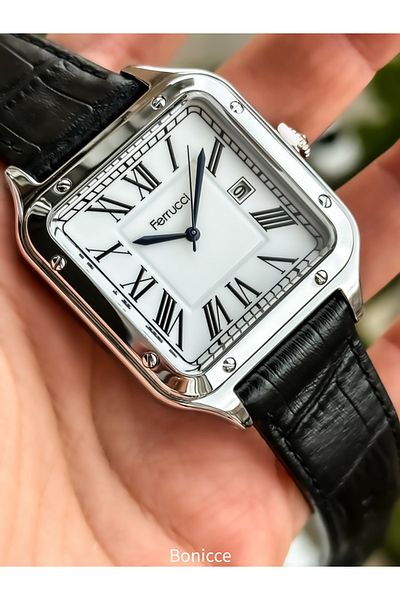 Ferrucci Black Leather Cord, Silver Square Case, with Calendar, Roman Numeral Dial Men's Wristwatch with Bracelet Gift
