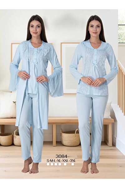 Genel Markalar Kadın Mavi Tasarım Dantelli Pamuklu Lohusa Hamile Sabahlık Pijama Takımı 3 lü Set