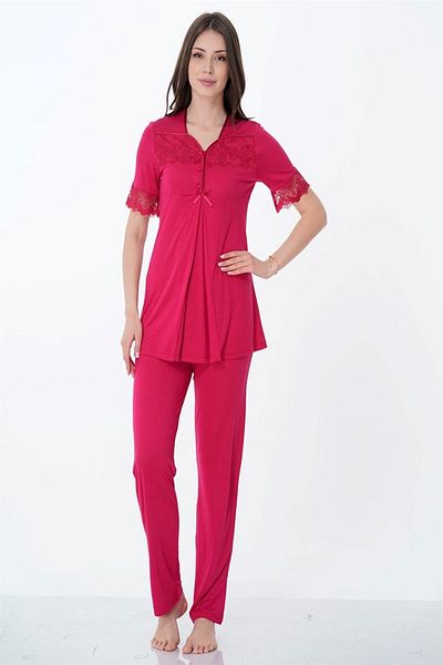LOHOUSE Cherry Colored Lace Cotton Maternity and Maternity Dressing Gown Pajamas Set - 3-Piece