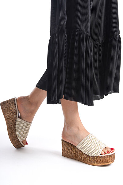 ZİESCE Beige Women's Slippers - Wedge Heel and Straw Sole