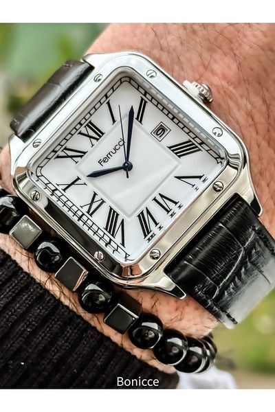 Ferrucci Black Leather Cord, Silver Square Case, with Calendar, Roman Numeral Dial Men's Wristwatch with Bracelet Gift