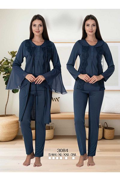 LOHOUSE Navy Blue Lace Cotton Women's Pajamas and Dressing Gown Set - Set of 3