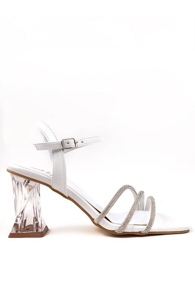 bescobel Women's Pessa White Ankle Strap Stone Piping Detailed Twist Heel Shoes Sandals