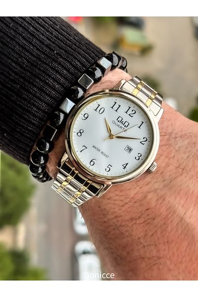 Q&Q Brand Steel Cord, Waterproof, Silver Color, Calendar, Numeral Men's Wristwatch Bracelet