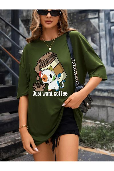 EFFRENATU just want coffee printed T-shirt plus size