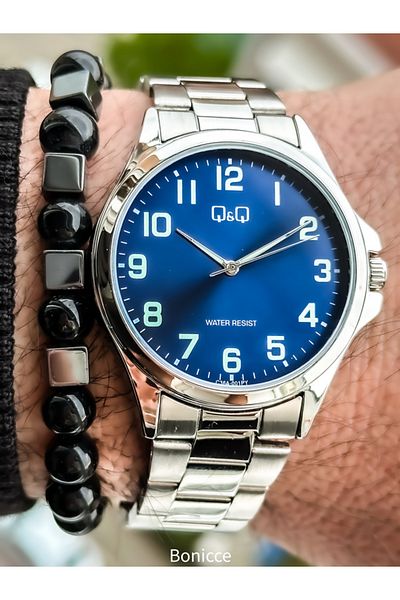 Q&Q Brand Steel Cord, Waterproof, Silver Color Men's Wristwatch Bracelet with Calendar