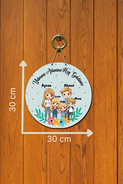 royalmoni Kapı Süsü Geniş Aile Figürlü Hoş Geldiniz Yazılı Ahşap Baskı Kişiye Özel Tasarım