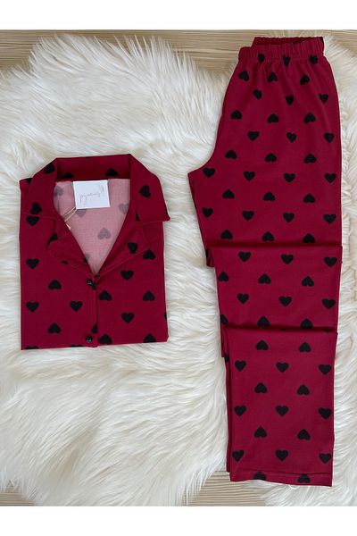 Pijamacs Claret Red Heart Patterned Front Buttoned Short Sleeve Milan Pajama Set
