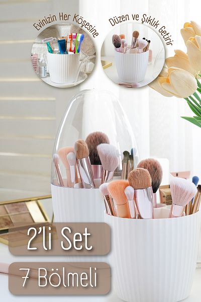 Vienev 2-Piece Fan Makeup Organizer with 7 Compartments - White