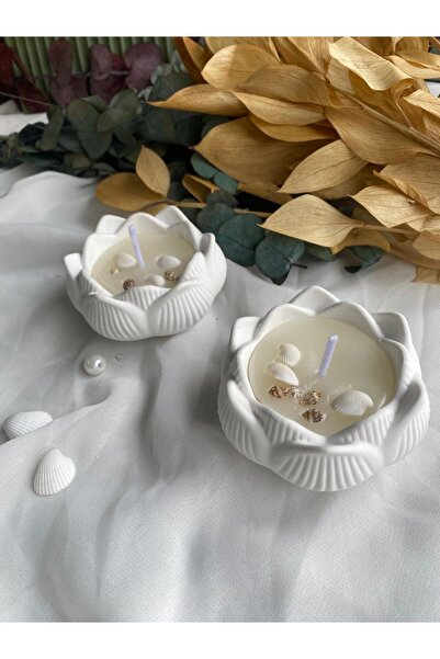 CevDen 2'li Deniz Kabuğu Süslemeli Lotus Mum