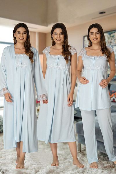 LOHOUSE Set de pijamale și halate de maternitate pentru femei din dantelă albastră - Set de 4 cămăși de noapte