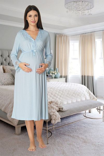 LOHOUSE Set elegant pentru gravide și maternitate cu model albastru - mânecă lungă, halat de bumbac și cămașă de noapte