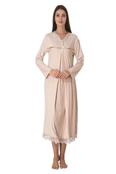 LOHOUSE طقم ثوب نوم دانتيل مينك للحوامل والأمومة - كم طويل، قطن