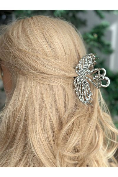 QUEEN AKSESUAR Metal Crystal Stone Big Swan - Silver Gray Luxury Trend Buckle with Latch Clip