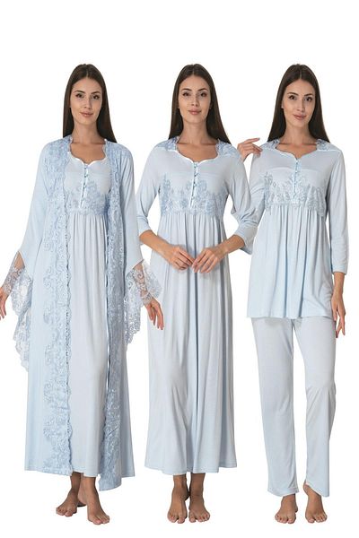 LOHOUSE Set pijamale și rochii de maternitate și de maternitate cu mâneci prințesă din bumbac albastru