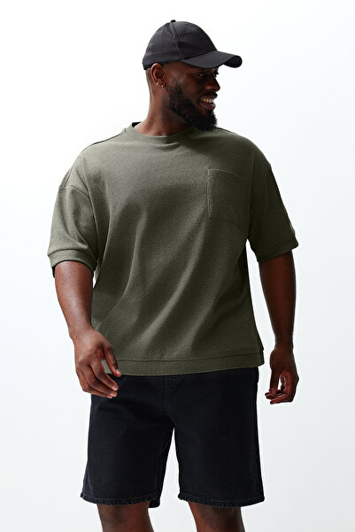 Trendyol Collection Khaki Premium Texture Oversize Large Size T-Shirt - Pocket, Comfortable TMNSS24BF00028