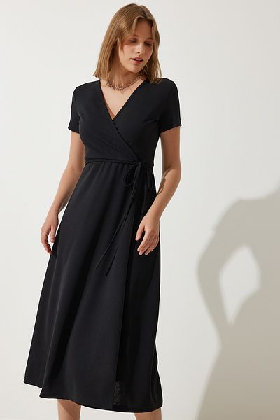 Happiness İstanbul Schwarzes Midi-Strickkleid mit V-Ausschnitt und Wickeldesign für Damen TO00134