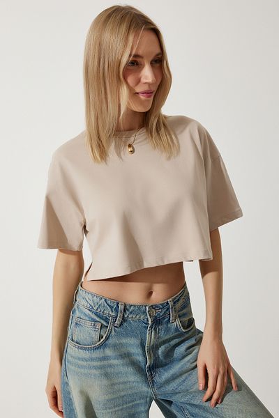 Happiness İstanbul Beiges Oversize-T-Shirt aus 100 % Baumwolle für Damen, kurz, gestrickt, BP00164