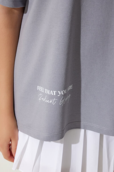 Happiness İstanbul Női szürke nyomtatott túlméretes kétszálas kötött póló AN00190