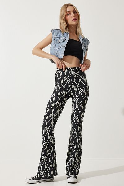 Happiness İstanbul Women's Black Patterned Flare Leg Knitted Trousers GT00179