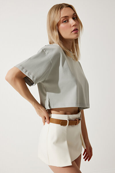 Happiness İstanbul Dámské kamenně šedé pletené tričko ze 100% bavlny oversize úpletu BP00164