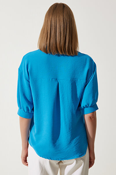 Happiness İstanbul Dámská modrá ayrobinová košile s balonovým rukávem DD01321