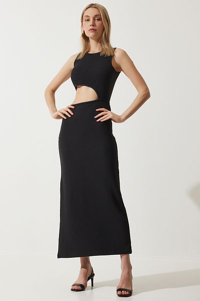 Happiness İstanbul Women's Black Cut Out Detailed Ribbed Knitted Dress MC00269