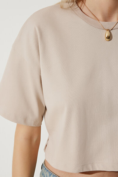 Happiness İstanbul Damska beżowa koszulka oversize z dzianiny, 100% bawełny BP00164