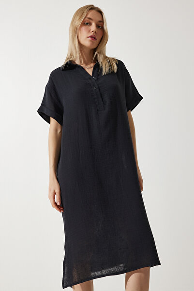 Happiness İstanbul Kadın Siyah Polo Yaka Yazlık Bol Müslin Elbise TO00135