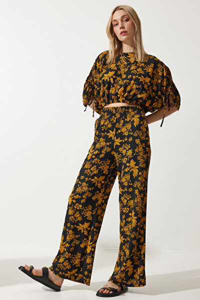 Happiness İstanbul Dámská černá halenka s hořčičným vzorem Palazzo pletená sada MC00264