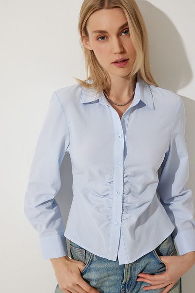 Happiness İstanbul Dámská Sky Blue Gather Detailed Shirt MX00164