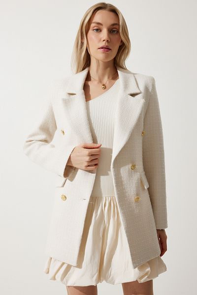 Happiness İstanbul Damen Blazer mit Knochenknöpfen, Tweedjacke WF00004