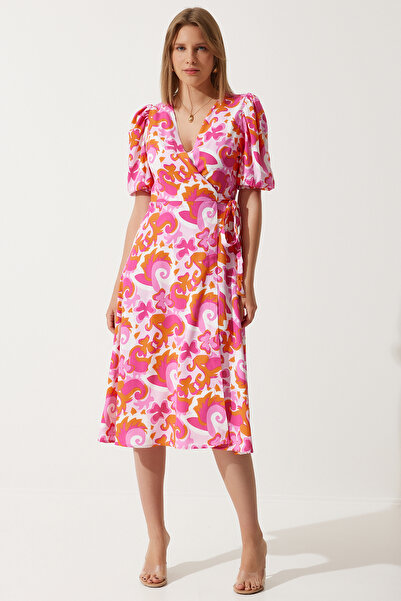 Happiness İstanbul Női rózsaszín narancs mintás nyári pakolásos viszkóz ruha DK00170