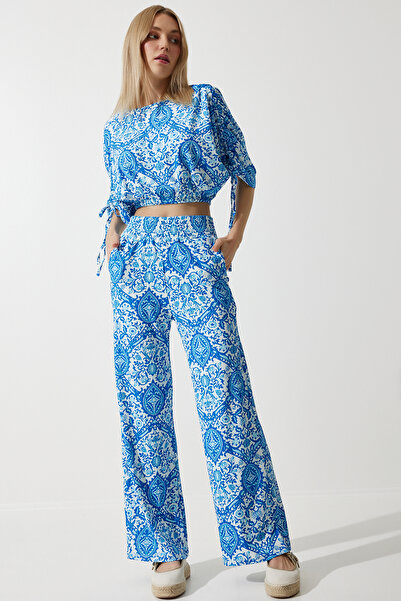 Happiness İstanbul Női kék-fehér mintás blúz Palazzo kötött szett MC00264