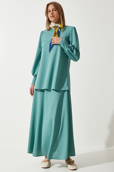 Happiness İstanbul Grünes Strickset mit Tunikarock für Damen DD01317