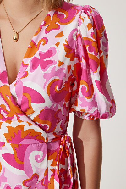 Happiness İstanbul Női rózsaszín narancs mintás nyári pakolásos viszkóz ruha DK00170