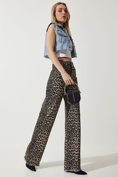 Happiness İstanbul Women's Black Beige Leopard Patterned Palazzo Jean VC00002