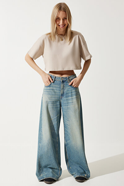 Happiness İstanbul Damska beżowa koszulka oversize z dzianiny, 100% bawełny BP00164