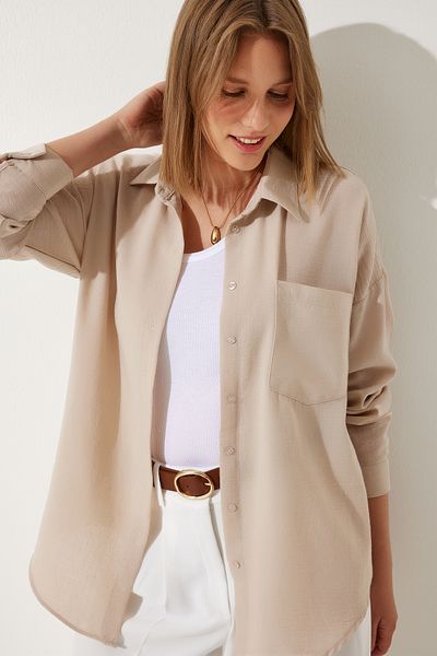 Happiness İstanbul Hellbeige Oversize-Leinenbluse Ayrobin für Damen DD01222