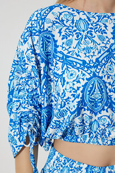 Happiness İstanbul Női kék-fehér mintás blúz Palazzo kötött szett MC00264