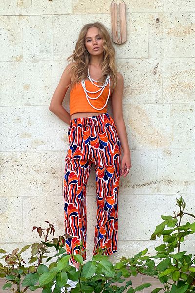 Trend Alaçatı Stili Orange gemusterte Hose aus gewebter Viskose für Damen ALC-X12150