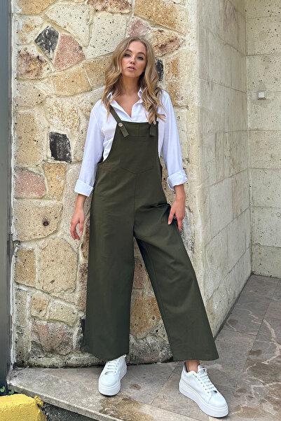 Trend Alaçatı Stili Kadın Haki Önü Cepli Askılı Gabardin Bahçıvan Tulum ALC-X12186
