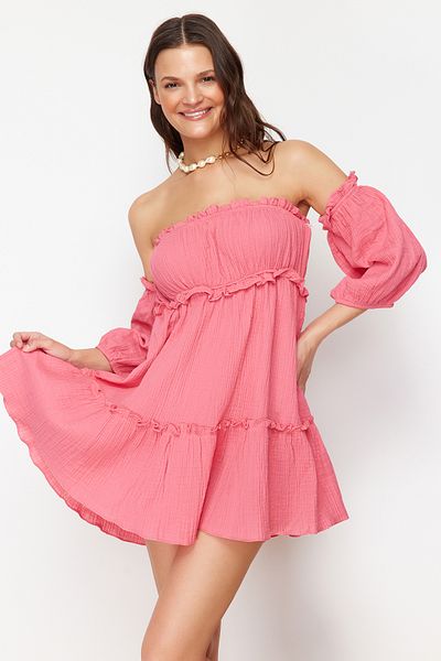 Trendyol Collection Φούξια Μίνι υφαντό βολάν Muslin Beach Dress TBESS24EL00112