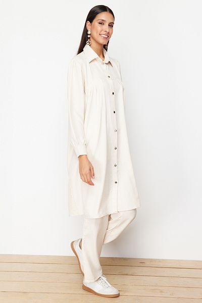 Trendyol Modest Stone Linen Aerobin Long Shirt Woven Bottom-Top Set TCTSS24US00081