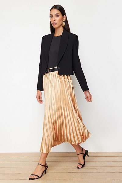 Trendyol Collection Fustă țesută cu pliseare auriu din satin - TWOSS24ET00206
