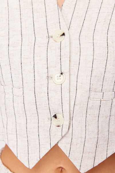 Trendyol Collection Cotton Linen Beige Striped Crop Vest - TWOSS24YE00025