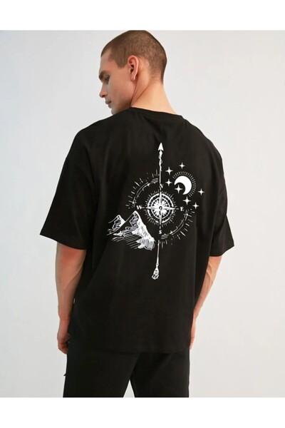 Frisson Μαύρο T-Shirt σε Μεγάλο Μέγεθος - Με Στάμπα Πυξίδα στην Πλάτη