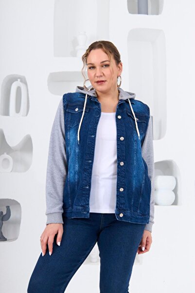 RMG İçlik Detaylı Büyük Beden Mavi Ceket