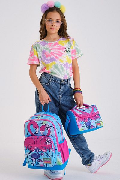 Coral High Set de 3 genți de școală cu model flamingo albastru roz pentru copii