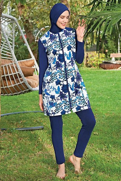 Ruko Maio Women's Parachute Zippered Navy Blue Full Hijab Swimsuit C1T5N4O2